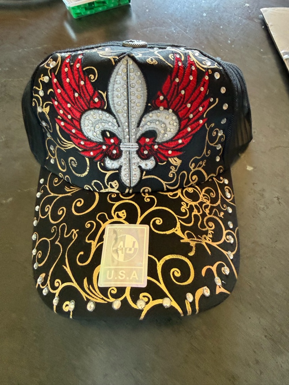 Embellished Fleur-de-Lis Wing Trucker Hat - Black with Red & Gold